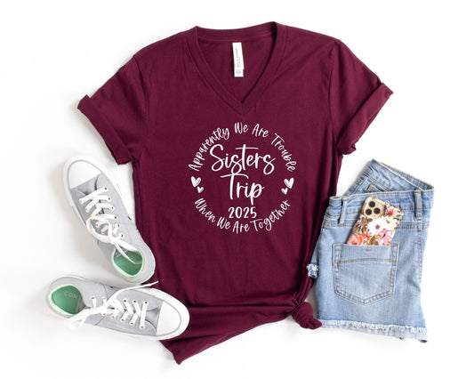 Apparently We Are Trouble When We Are Together Sisters Trip 2025 Unisex V-Neck Shirt