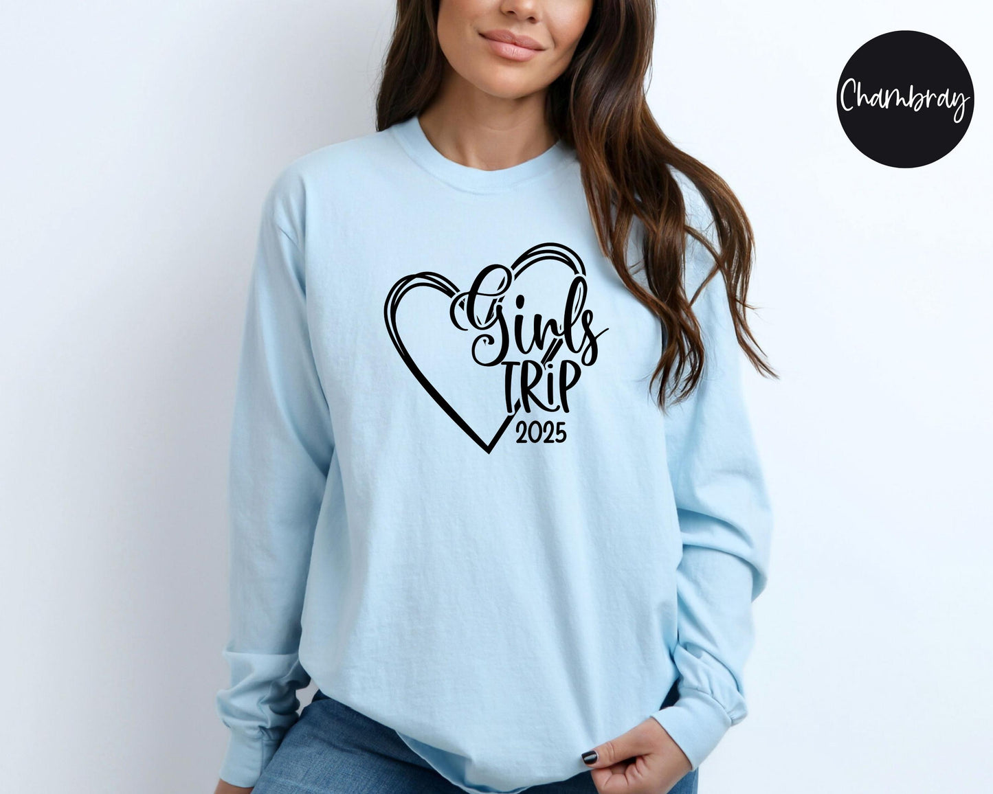 Girls Trip 2025 Heart Long Sleeve Shirt, Weekend Road Trip, Travel Vacation Tee, Matching Girls Trip t-shirts