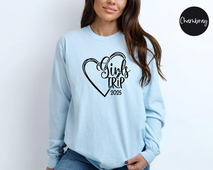 Girls Trip 2025 Heart Long Sleeve Shirt, Weekend Road Trip, Travel Vacation Tee, Matching Girls Trip t-shirts