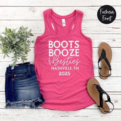 Boots Booze & Besties Nashville Trip 2025 Racerback Tank Top, Girls Trip Shirt, Travel Vacation Tanks, Matching shirts, Bachelorette Tees