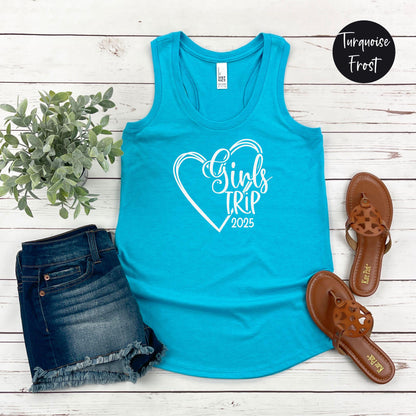 Girls Trip 2025 Heart Racerback Tank Top, Weekend Road Trip, Travel Vacation Tee, Matching shirts